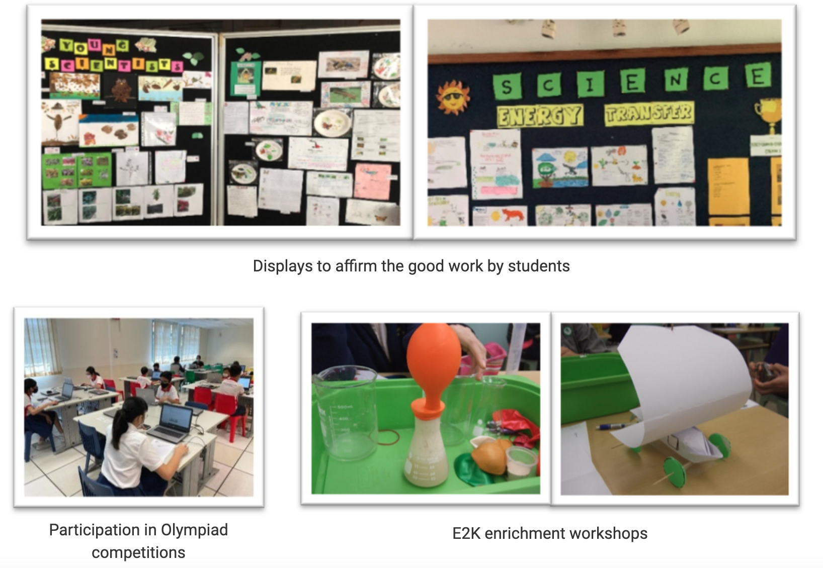 Five photos showing student bulletin boards, Olympiad competition work on laptops, and science enrichment workshop activities.